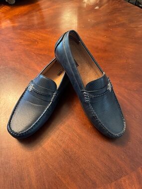 Stacy Adams Navy Perforated Penny Bit Slip-On Loafers